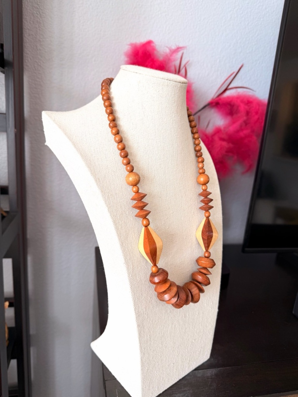 Hand Crafted Two-Tone Wooden Bead Necklace - Brown & Tan - Picture 5 of 6